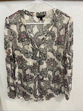 Banana Republic Cream Floral V-Neck Long Sleeve Blouse with Pink & Green Accents